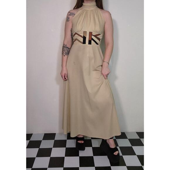 60s 70s Vtg Boho Cream Tan High Neck Maxi Open Back Dress Suede Leather Accent - Picture 5 of 10